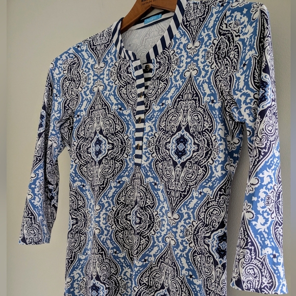 J. McLaughlin Catalina Cloth Tunic Top WOMEN'S S Biscayne Damask White Navy - Picture 10 of 15